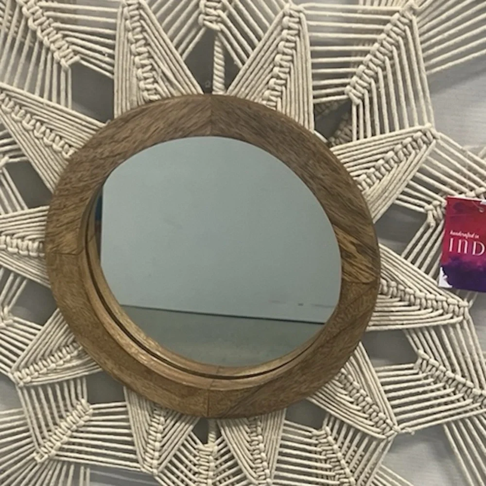 NWT Mirror Handcrafted Macrame Geometric & Solid Wood Round Mirror 26”